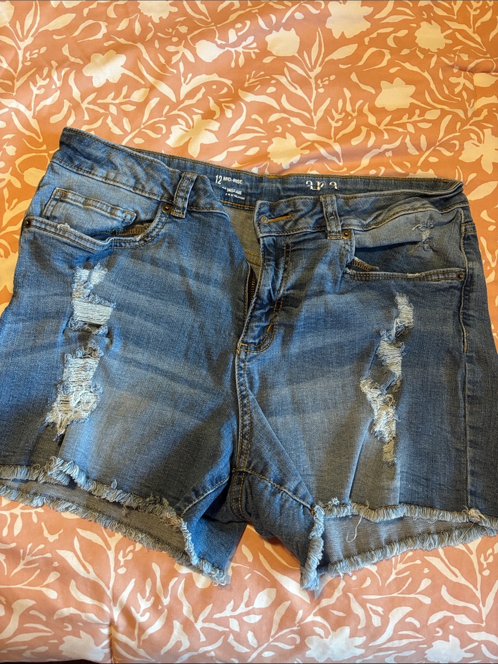 a.n.a Distressed Mid-Blue Denim Shorts
